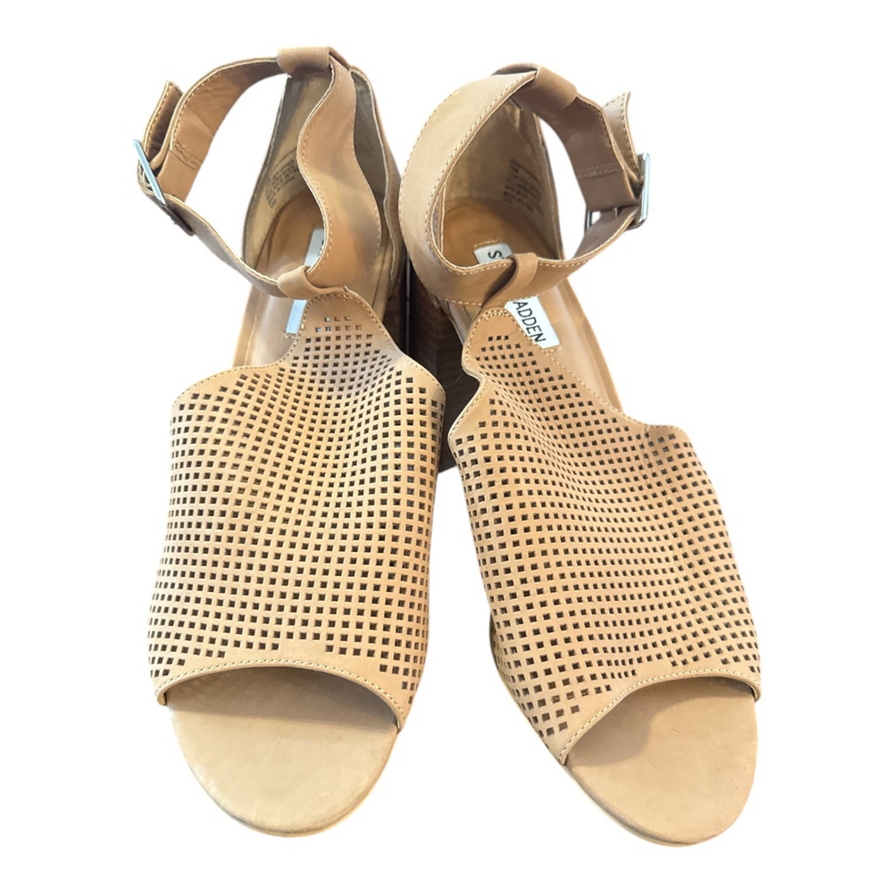 Steve Madden Women's Perforated Ankle Strap Block Heel Sandals, Tan, Size 10 - Picture 3 of 5